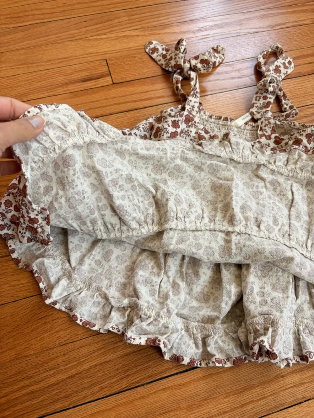 Rylee + Cru Cream Dress with Brown Floral Print and Tie Shoulders Size 2T - 3T